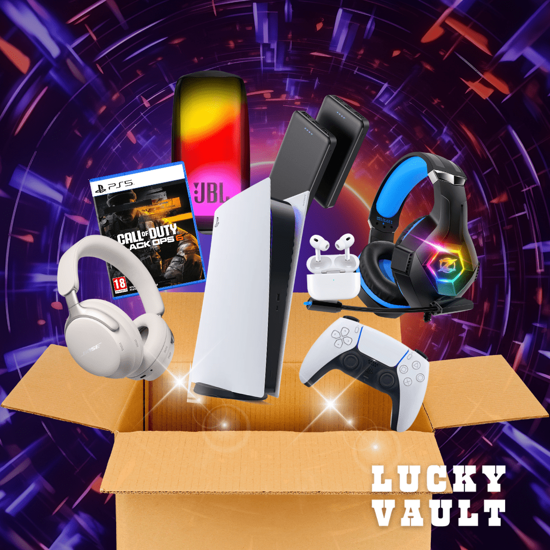 A mystery box for display purposes only showing games, consoles, speakers, headphones & other items emerging.
