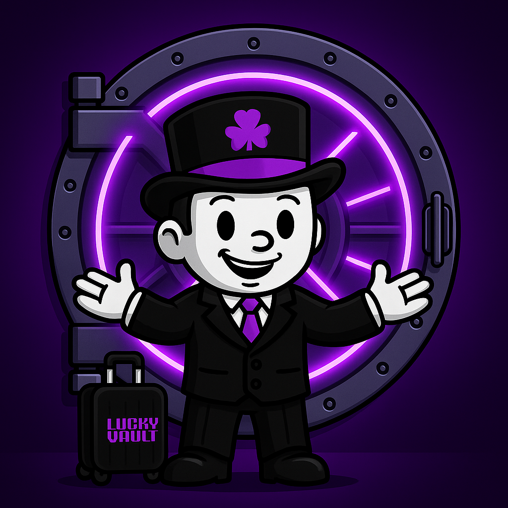Lucky mascot standing in front of a closed vault with a suitcase.